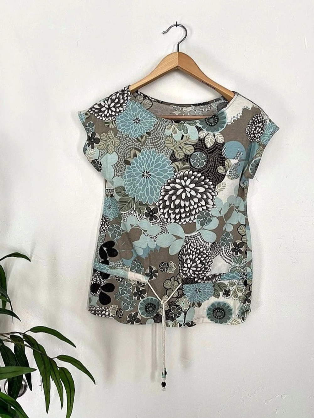 Cato Boho Teal Sage Floral Short Sleeve Blouse Y2K Size Small Cinch Waist